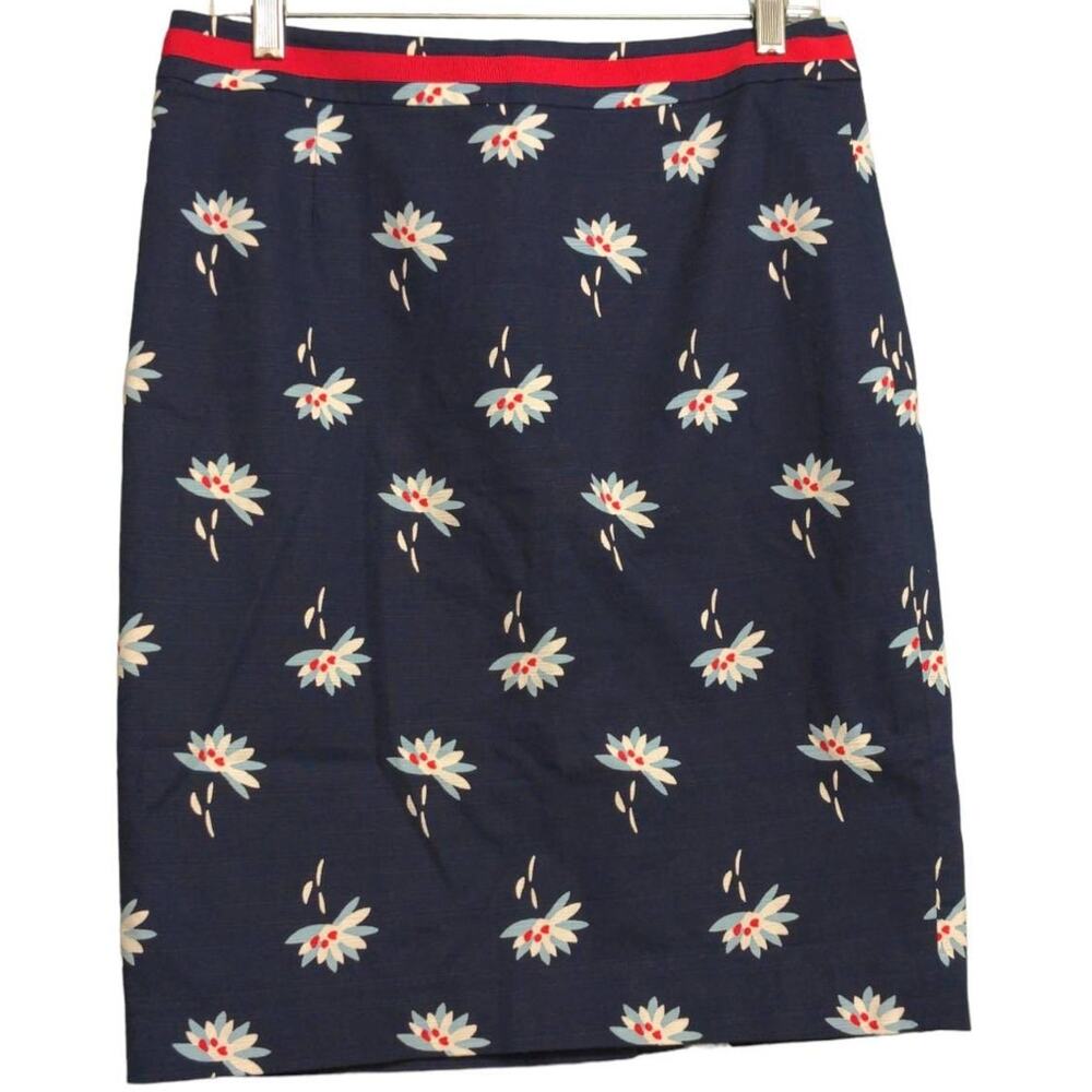 Boden Straight Skirt Navy Blue Floral Above Knee Lined Slit Red Waistband 8R